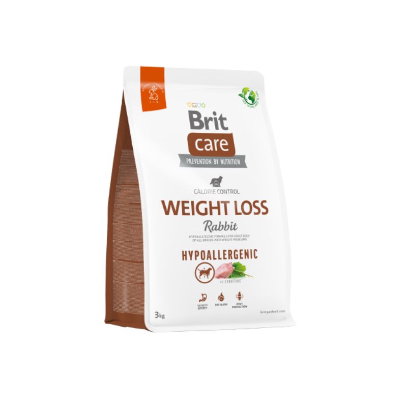 Brit Care Weight Loss Brit Care Weight Loss es una fórmula hipoalergénica para perros adultos de todas las razas con problemas de peso. Fórmula hipoalergénica para perros adultos de todas las razas con problemas de peso. Alimento hipoalergénico Super Premium con una única fuente de proteína animal, ideal para perros con problemas de sobrepeso. El bajo contenido de grasa junto con el alto aporte de proteínas provenientes del conejo ayudan a mantener el peso óptimo, mientras que la L-carnitina promueve el metabolismo y quema de las grasas.