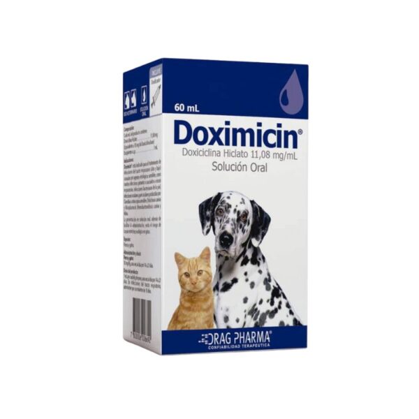 Doximicin Jarabe es un potente antibiótico de amplio espectro diseñado específicamente para tratar diversas infecciones bacterianas en perros y gatos. Este medicamento es ideal para abordar infecciones causadas por una amplia gama de patógenos, gracias a su efectiva formulación en solución oral. Doximicin Jarabe contiene Doxiciclina Hiclato, una sustancia que actúa inhibiendo el crecimiento de bacterias patógenas, ayudando a recuperar la salud de tus mascotas de manera eficiente y segura.