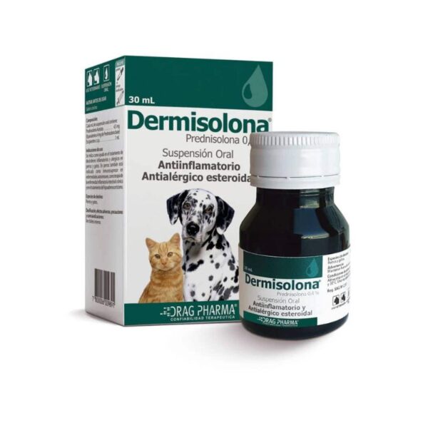 Dermisolona 0.4 % 30 ML es una suspensión oral esteroidal eficaz para el tratamiento de diversas condiciones inflamatorias y alérgicas en perros y gatos. Esta fórmula contiene 0.4 % de prednisolona acetato, que equivale a 4 mg de prednisolona base por mililitro. Está diseñada para ofrecer alivio en una amplia gama de problemas de salud relacionados con la inflamación y las reacciones alérgicas.