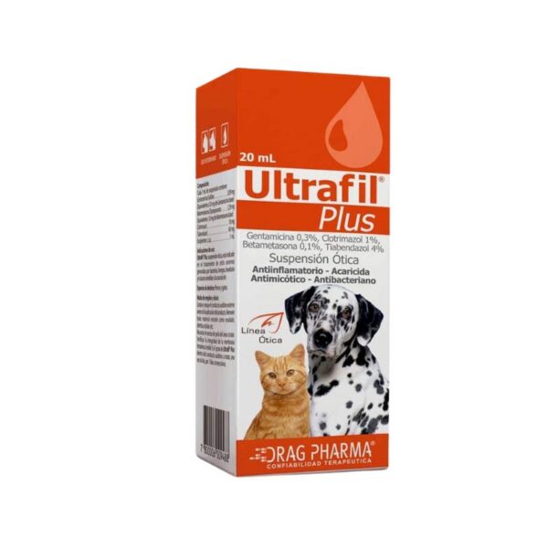 Ultrafil Plus es una solución ótica de vanguardia diseñada para el tratamiento de otitis externas en perros y gatos causadas por bacterias, hongos y ácaros. Esta suspensión ótica combina una potente mezcla de ingredientes activos para ofrecer una acción terapéutica completa, abordando las infecciones del oído con eficacia y rapidez. Ultrafil Plus es ideal para combatir infecciones otológicas generadas por diversos patógenos y proporciona un alivio integral a través de sus propiedades antibacterianas, antimicóticas, antiinflamatorias y acaricidas.