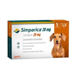 Antiparasitarios 4 Simparica 5 a 10 KG x 1 Comprimido es una pastilla masticable para el tratamiento de pulgas, garrapatas y acaros que porducen la sarna. Ofrece una nueva e innovadora forma de controlar las pulgas y las garrapatas al proporcionar actividad inmediata y persistente durante al menos 35 días, actuando más allá del período de tratamiento mensual. Formato para perros entre 5 y 10 kilos. Con su modalidad de 1 comprimido. Podras mantener protegido a tu mascota por mas tiempo y sin pagar de mas. Comprimidos masticables! Acción rápida por hasta 35 días! Simparica tiene una notoria eficacia sostenida y prolongada por hasta 35 días, reduciendo el riesgo de falla de administración mensual.