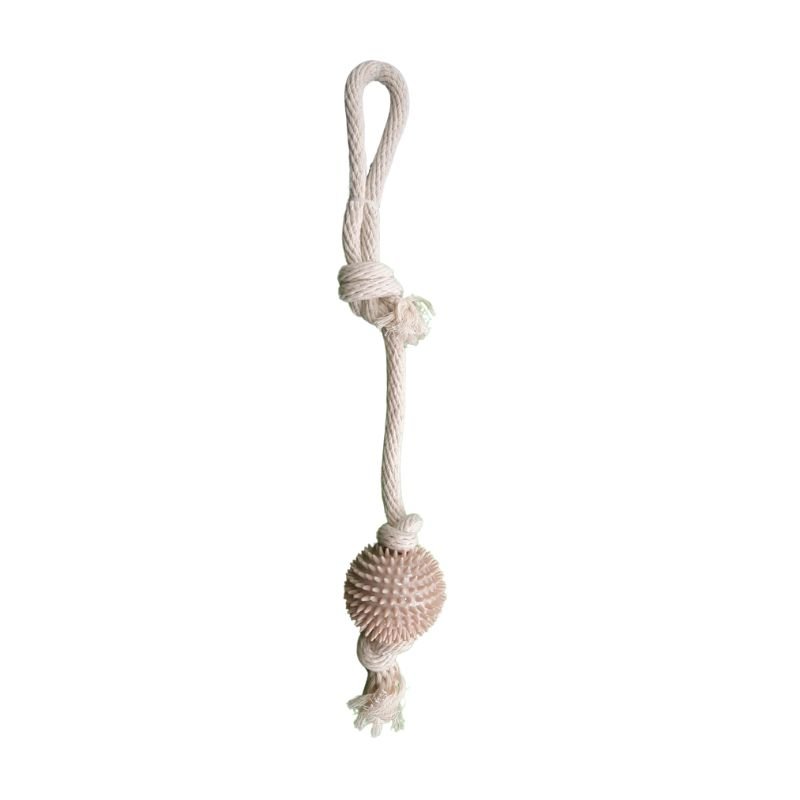 La Pelota con Cuerda para Perros es el juguete ideal para mantener a tu mascota activa y entretenida mientras fomenta un ejercicio saludable y estimulante. Este juguete combina una robusta pelota de goma con una cuerda de nailon resistente de 43 cm de longitud, proporcionando horas de diversión para tu perro. La pelota está diseñada con púas para un mejor agarre y para promover una buena salud dental, mientras que la cuerda, de color beige y con un bucle antideslizante, facilita el juego interactivo entre tú y tu mascota. La Pelota con Cuerda para Perro es perfecta para jugar al tira y afloja, lanzar y traer, y otras actividades que ayudan a mantener a tu perro en forma y feliz.