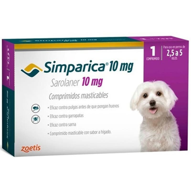 Simparica-2-5-a-5-KG.jpg Simparica 2.5 a 5 KG 1 Comprimidos es una pastilla masticable para el tratamiento de pulgas, garrapatas y acaros que porducen la sarna. Ofrece una nueva e innovadora forma de controlar las pulgas y las garrapatas al proporcionar actividad inmediata y persistente durante al menos 35 días, actuando más allá del período de tratamiento mensual. Formato para perros entre 2.5 y 5 kilos. Con su modalidad de 1 comprimido. Podras mantener protegido a tu mascota por mas tiempo y sin pagar de mas. Comprimidos masticables! Acción rápida por hasta 35 días! Simparica tiene una notoria eficacia sostenida y prolongada por hasta 35 días, reduciendo el riesgo de falla de administración mensual