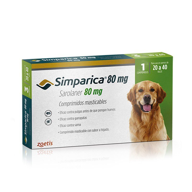 Simparica 20 a 40 KG 1 Compmidos es una pastilla masticable para el tratamiento de pulgas, garrapatas y acaros que porducen la sarna. Ofrece una nueva e innovadora forma de controlar las pulgas y las garrapatas al proporcionar actividad inmediata y persistente durante al menos 35 días, actuando más allá del período de tratamiento mensual.