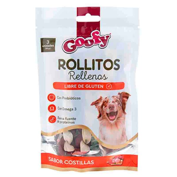 GOOFY SNACK ROLLITOS RELLENOS 3 unos  son snacks altamente digestibles y 100%  libre de gluten para premiar a tu mascota sanamente. Están deliciosamente rellenos y son una excelente forma de regalonear a tu perro con un snack nutritivo y saludable.