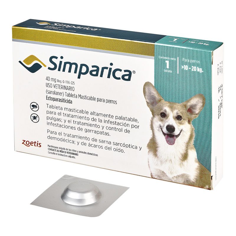 Simparica 10 a 20 KG 1 Comprimido es una pastilla masticable para el tratamiento de pulgas, garrapatas y acaros que porducen la sarna. Ofrece una nueva e innovadora forma de controlar las pulgas y las garrapatas al proporcionar actividad inmediata y persistente durante al menos 35 días, actuando más allá del período de tratamiento mensual. Formato para perros entre 10 y 20 kilos. Con su modalidad de 1 comprimido. Podras mantener protegido a tu mascota por mas tiempo y sin pagar de mas. Comprimidos masticables! Acción rápida por hasta 35 días! Simparica tiene una notoria eficacia sostenida y prolongada por hasta 35 días, reduciendo el riesgo de falla de administración mensual.