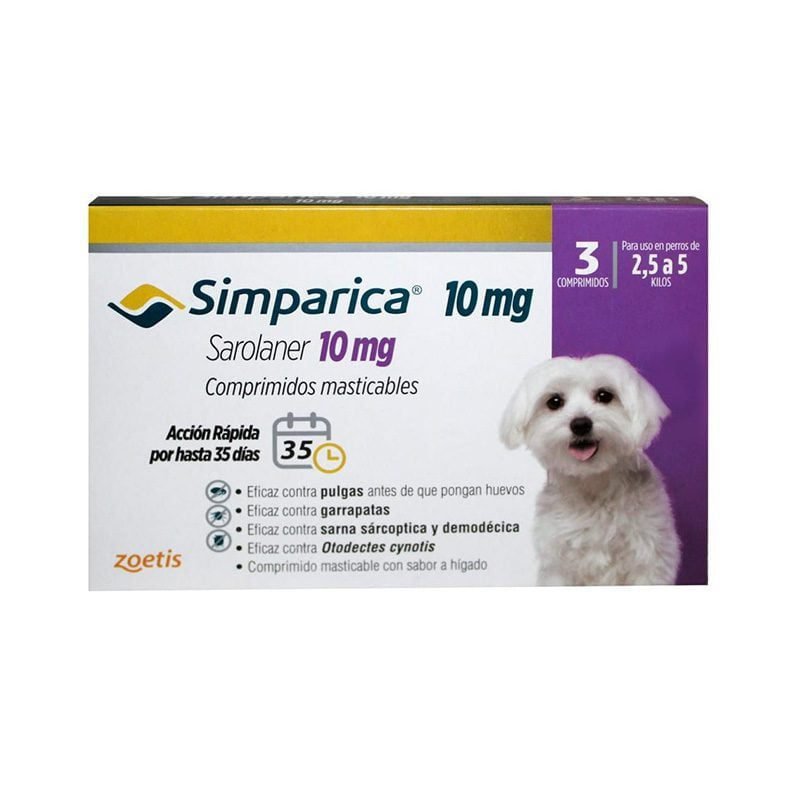 Simparica para Perros 2.5 a 5 KG 3 Comprimidos es una pastilla masticable para el tratamiento de pulgas, garrapatas y acaros que porducen la sarna. Ofrece una nueva e innovadora forma de controlar las pulgas y las garrapatas al proporcionar actividad inmediata y persistente durante al menos 35 días, actuando más allá del período de tratamiento mensual. Formato para perros entre 2.5 y 5 kilos. Con su modalidad de 3 comprimos podras mantener protegido a tu mascota por mas tiempo y sin pagar de mas. Comprimidos masticables! Acción rápida por hasta 35 días! Simparica tiene una notoria eficacia sostenida y prolongada por hasta 35 días, reduciendo el riesgo de falla de administración mensual.