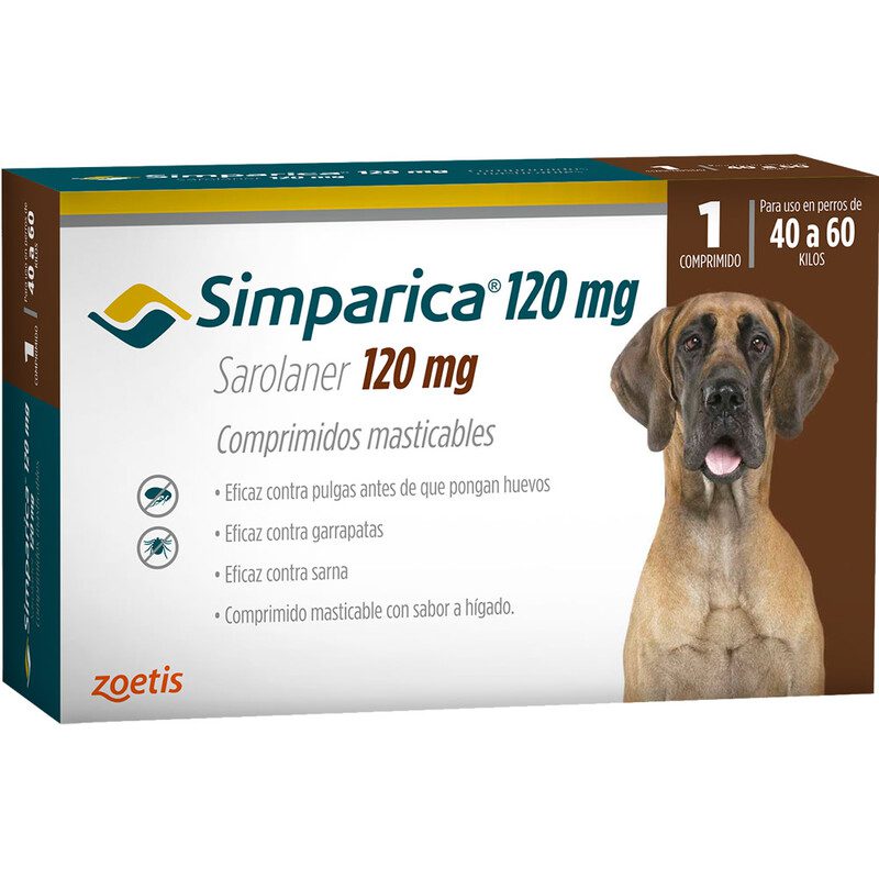 simparica-antiparasitario-40-a-60-kgs-1-comp-1.jpg Simparica Perro 40 a 60 KG 1 Comprimido es una pastilla masticable para el tratamiento de pulgas, garrapatas y acaros que porducen la sarna. Ofrece una nueva e innovadora forma de controlar las pulgas y las garrapatas al proporcionar actividad inmediata y persistente durante al menos 35 días, actuando más allá del período de tratamiento mensual. Formato para perros entre 40 y 60 kilos. Con su modalidad de 1 comprimido. Podras mantener protegido a tu mascota por mas tiempo y sin pagar de mas. Comprimidos masticables! Acción rápida por hasta 35 días! Simparica tiene una notoria eficacia sostenida y prolongada por hasta 35 días, reduciendo el riesgo de falla de administración mensual.