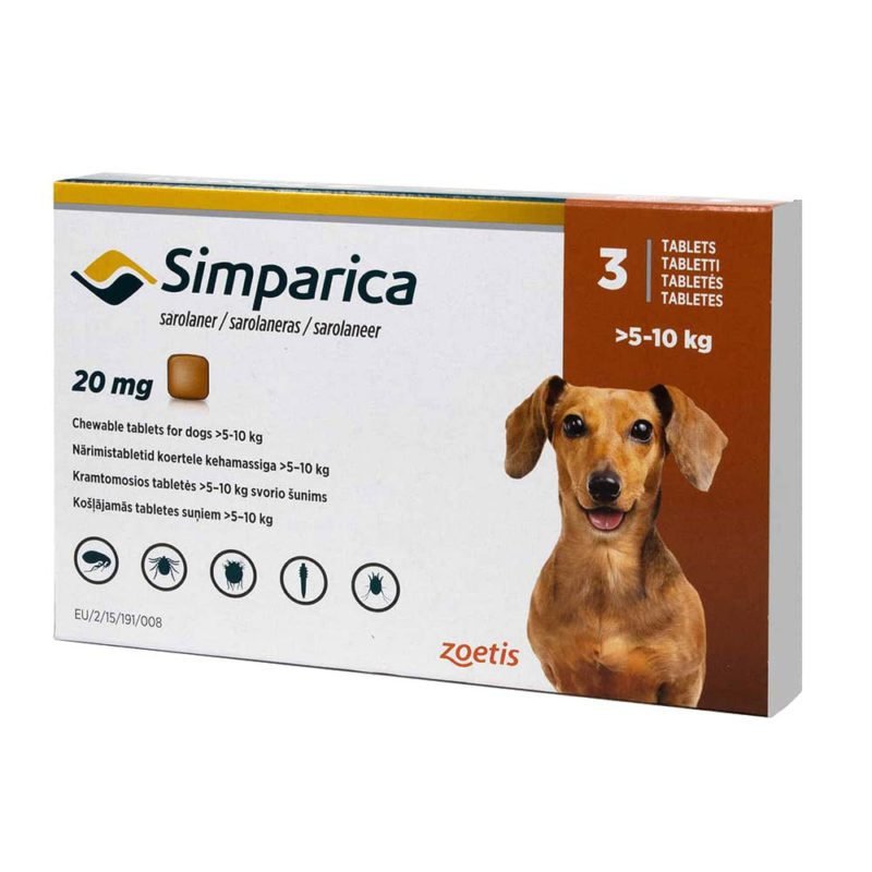 simparica-para-perros-5-a-10-kg.jpg Simparica 5 a 10 kg 3 Comprimidos es una pastilla masticable para el tratamiento de pulgas, garrapatas y acaros que porducen la sarna. Ofrece una nueva e innovadora forma de controlar las pulgas y las garrapatas al proporcionar actividad inmediata y persistente durante al menos 35 días, actuando más allá del período de tratamiento mensual. Formato para perros entre 5 y 10 kilos. Con su modalidad de 3 comprimos podras mantener protegido a tu mascota por mas tiempo y sin pagar de mas. Comprimidos masticables! Acción rápida por hasta 35 días! Simparica tiene una notoria eficacia sostenida y prolongada por hasta 35 días, reduciendo el riesgo de falla de administración mensual.