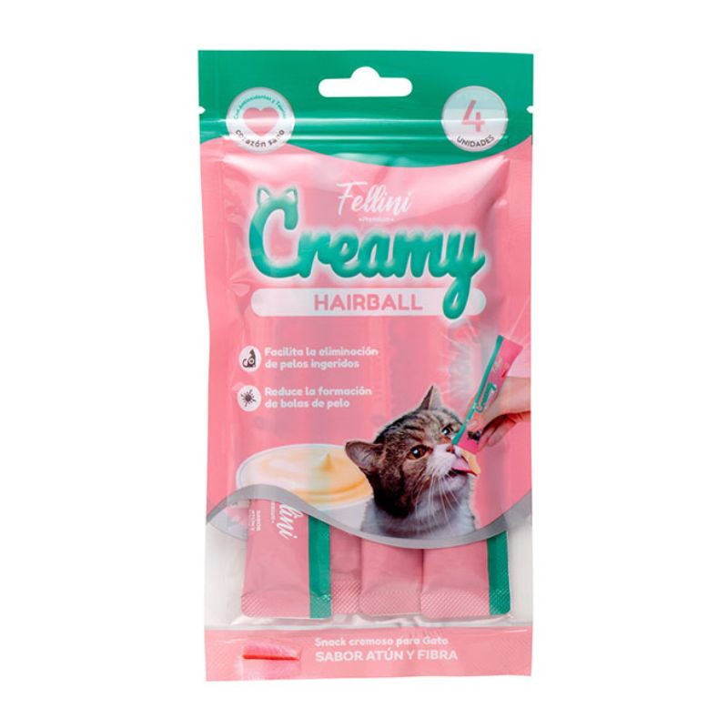 fellini-cremy-hairball Fellini Cremy Hairball es un snack funcional de Atún y fibra, premia a tu felino mientras cuidas su salud.