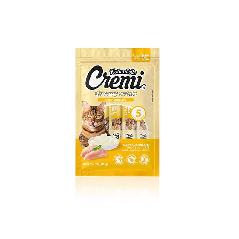 naturalistic-cremi-pollo NATURALISTIC CREMI POLLO es un snack cremoso para gatos de todas las edades. Elaborado con carne de pollo, y reforzado con taurina, aminoácido esencial para los gatos.