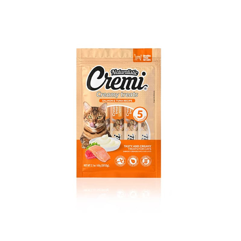 naturalistic-cremi-salmón-y-atún NATURALISTIC CREMI SALMÓN ATÚN es un snack cremoso para gatos de todas las edades. Elaborado con carne de salmón y atún
