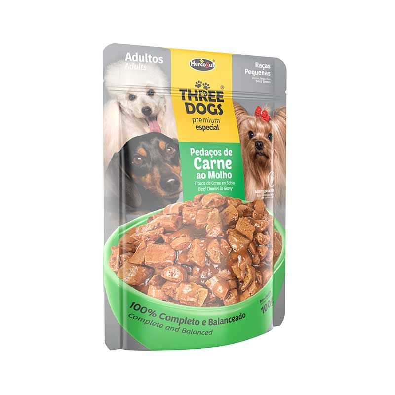 threedog_perros_raza_pequena Sachet Three Dogs para Perros Razas Pequeñas es un alimento 100% completo, equilibrado y bajo en sodio que promueve la salud de las mascotas. El sabor carne en salsa, es cocinado al vapor, muy sabroso, la opción perfecta para su perro. Todo para que disfrute de una comida segura, completa y saludable.