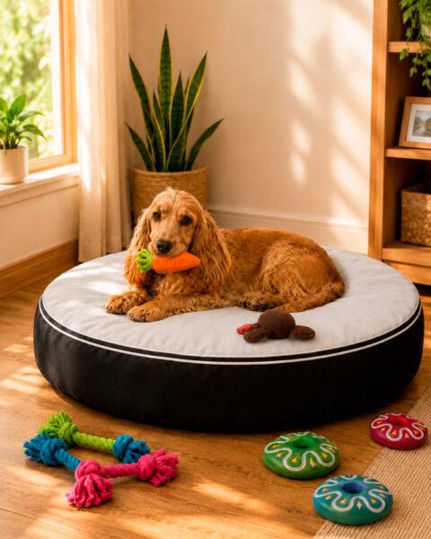 Cama redonda para perro mediano con cocker spaniel descansando y juguetes en ambiente hogareño