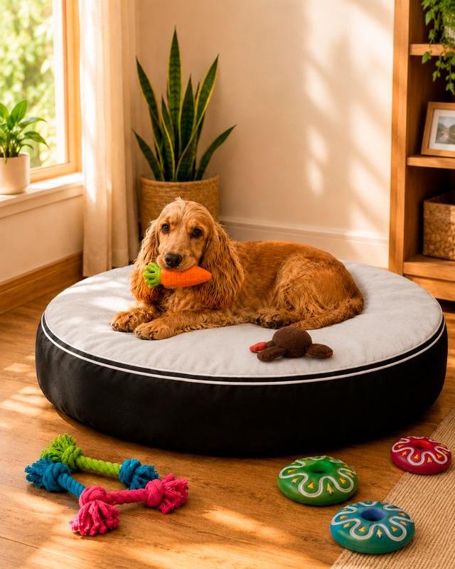 Cama redonda para perro mediano con cocker spaniel descansando y juguetes en ambiente hogareño