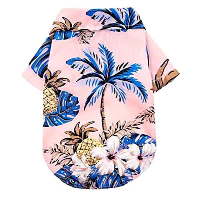 camisa-hawaiana-para-perro-rosa Camisa Hawaiana para Perro Rosa es una adorable camisa que no solo le brinda a tu mascota un toque de elegancia isleña, sino que también garantiza comodidad y un ajuste perfecto gracias a sus tres tallas disponibles: L, XL y XXL.
