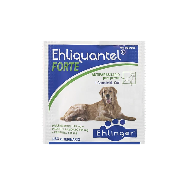 Ehliquantel Forte es un antiparasitario interno de amplio espectro que esta indicado para: el control y tratamiento de Tenias (Echinococcus granulosus, Taenia spp. y Dipylidium caninum) y Nematodos (Toxocara canis, Toxascaris leonina, Ancylostoma caninum, Uncinaria stenocephala y Trichuris vulpis) en el perro.