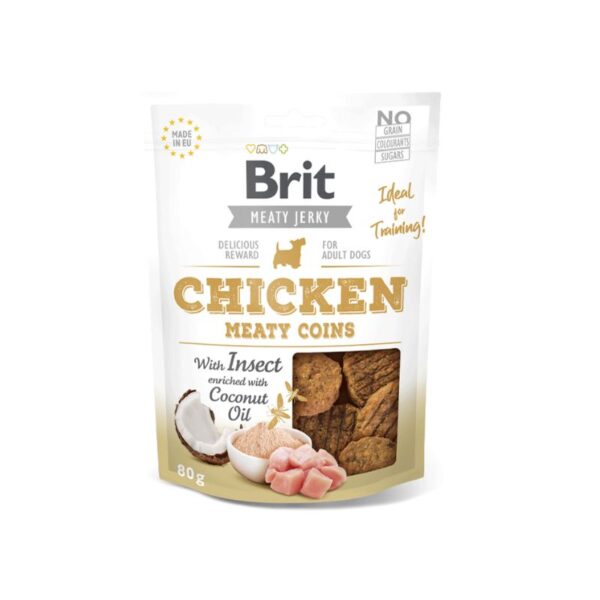 Brit Jerky Snack Chicken Snack complementario para perros adultos. Albóndigas de carne de insecto y pollo en forma monedas de carne seca. 