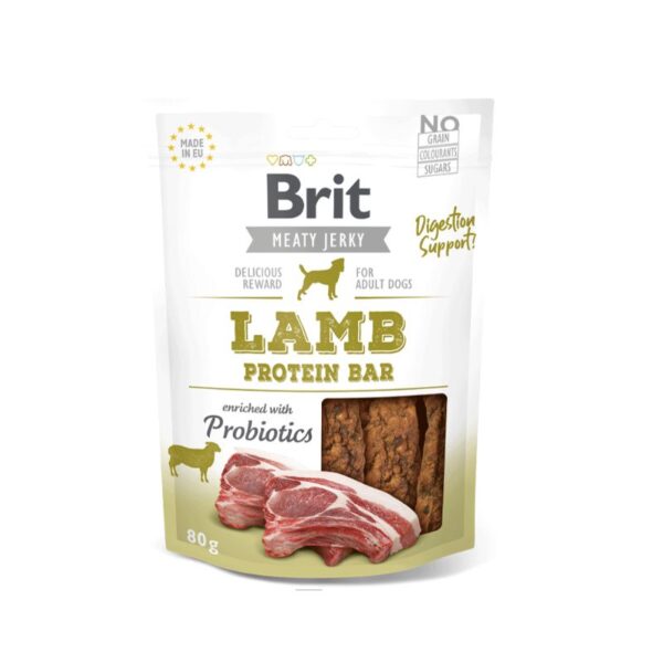 Brit Jerky Snack Lamb Snack de carne seca complementario para perros adultos. Barra de proteína de cordero y pollo.