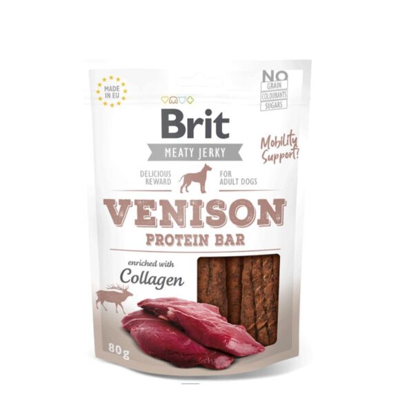 Brit Jerky Snack Venison Protein Bar for Dogs Snack de carne seca complementario para perros adultos. Barra de proteína de venado y pollo.