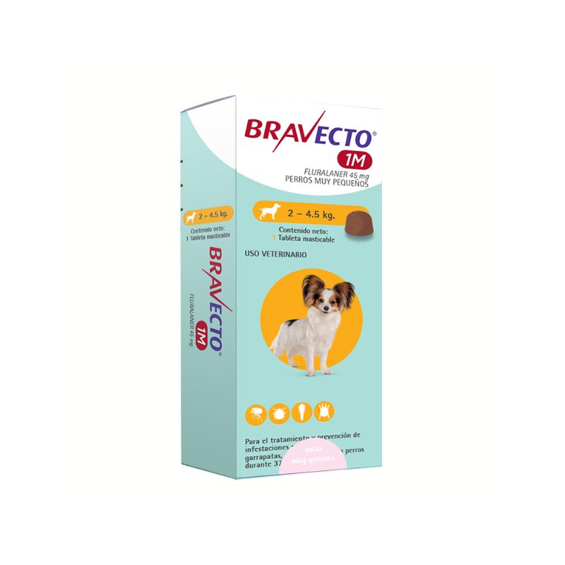 Bravecto 2 a 4.5 KG Bravecto 2 a 4.5 KG 1 Mes es un tratamiento eficaz diseñado para proteger a tu perro de infestaciones por pulgas y garrapatas. Este comprimido masticable, adecuado para perros que pesan entre 2 a 4.5 kg, ofrece una protección prolongada de hasta 37 días, asegurando la salud y bienestar de tu mascota. Con su fácil administración, Bravecto se convierte en la opción ideal para mantener a tu amigo peludo libre de parásitos y sus efectos adversos.