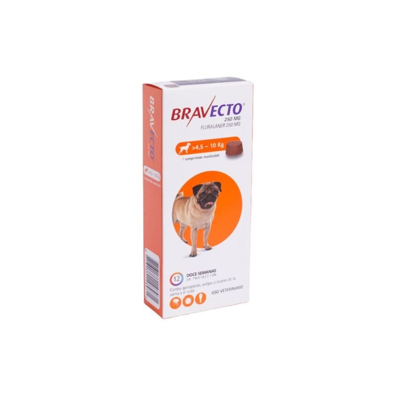 Bravecto Perros 5 a 10 kg Bravecto Perros 5 a 10 KG es un comprimido masticable especialmente formulado para ofrecer una protección eficaz contra pulgas y garrapatas en perros pequeños. Este tratamiento no solo elimina infestaciones existentes, sino que también previene la aparición de nuevas, asegurando el bienestar de tu mascota durante 12 semanas con una sola dosis.