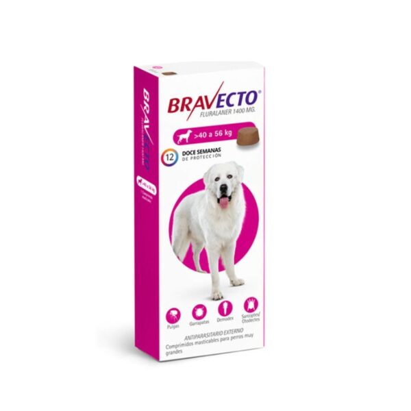 Bravecto Perros 40 a 56 KG es un comprimido masticable altamente eficaz diseñado para el tratamiento y control de pulgas y garrapatas en perros de mayor tamaño. Este producto no solo proporciona una solución rápida para infestaciones actuales, sino que también actúa como una barrera preventiva, asegurando la salud de tu mascota durante 12 semanas con un solo comprimido.