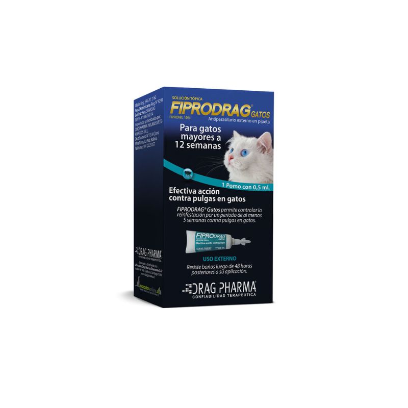 Fiprodrag Gato es un tratamiento eficaz diseñado específicamente para el control y tratamiento de infestaciones por pulgas y ácaros en gatos. Con una fórmula activa que incluye Fipronil, este antiparasitario garantiza una protección duradera y efectiva. Ideal para gatos mayores de 12 semanas, Fiprodrag no solo combate los parásitos existentes, sino que también actúa como una terapia complementaria para la dermatitis alérgica por pulgas (DAPP), asegurando la salud y el bienestar de tu mascota.