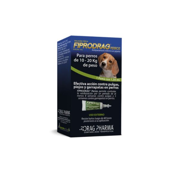 Fiprodrag Perro 10 20 KG es un tratamiento diseñado específicamente para el control y tratamiento de infestaciones por pulgas, piojos y garrapatas en perros. Con una fórmula eficaz que incluye Fipronil, este antiparasitario ofrece una protección duradera y es ideal para perros de entre 10 y 20 kilos de peso. Su uso también se recomienda como terapia complementaria para la dermatitis alérgica por pulgas, asegurando la salud y el bienestar de tu mascota durante todo el año.