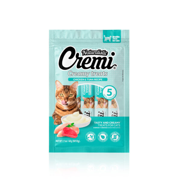 Cremi Pollo Atún es un snack cremoso para gatos de todas las edades. Elaborado con carne de pollo y atún, y reforzado con taurina aminoácido esencial para los gatos. La fórmula además contiene extracto de té verde que tiene un alto poder antioxidante.