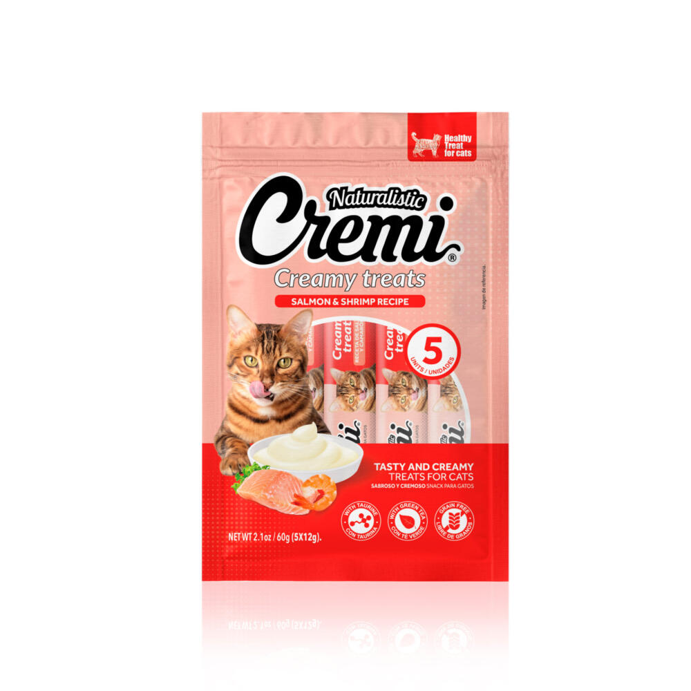 Cremi Salmón Camarón es un snack cremoso para gatos de todas las edades. Elaborado con carne de salmón y camarón, y reforzado con taurina aminoácido esencial para los gatos. La fórmula además contiene extracto de té verde que tiene un alto poder antioxidante.