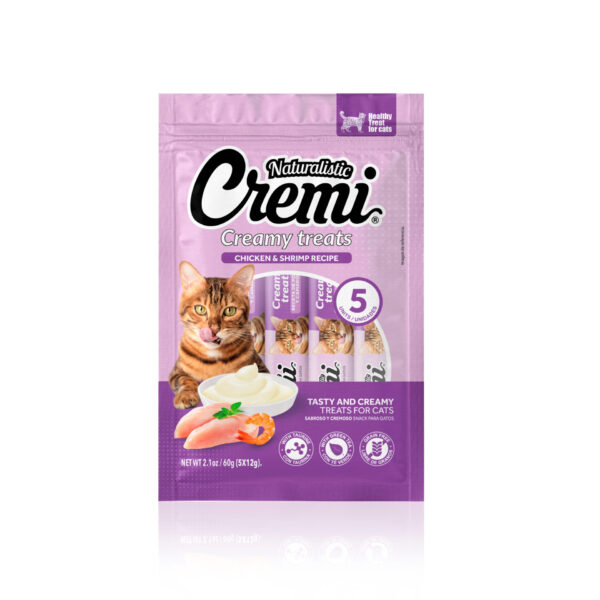 Cremi Pollo Camarón es un snack cremoso para gatos de todas las edades. Elaborado con carne de pollo y camarón, y reforzado con taurina aminoácido esencial para los gatos. La fórmula además contiene extracto de té verde que tiene un alto poder antioxidante.