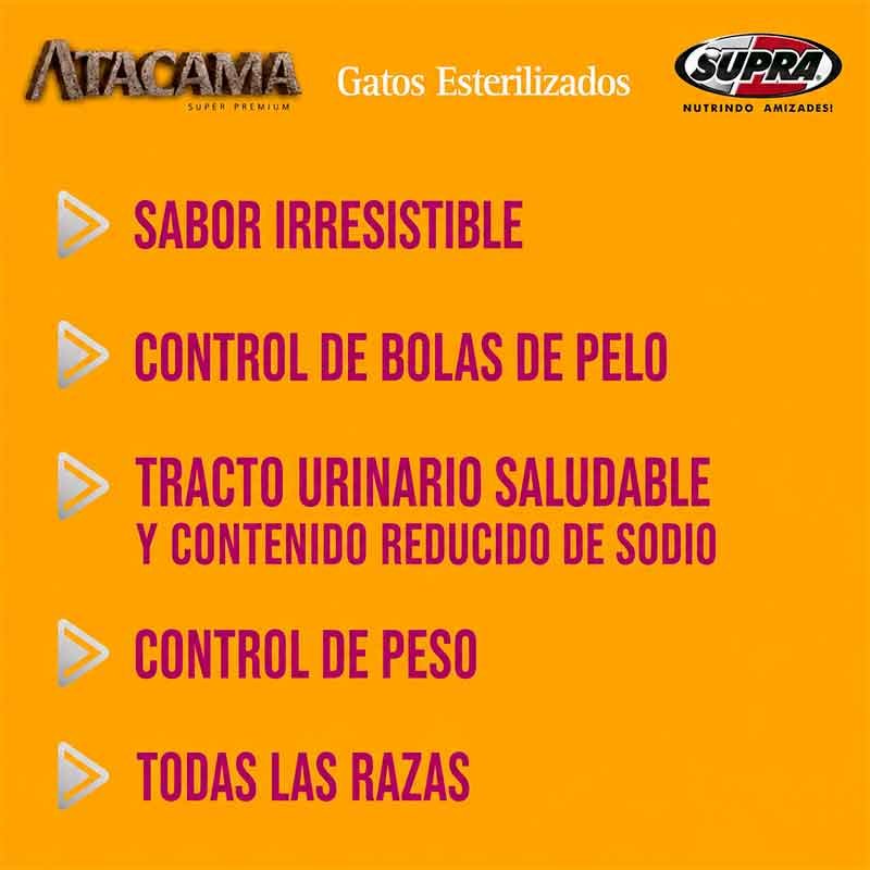 Atacama Gatos Esterilizados beneficios del alimento Atacama Gatos Esterilizados alimento premium para gatos con control urinario y bolas de pelo