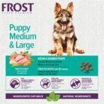 Imagen promocional de Frost Super Premium Puppy Medium & Large para cachorros medianos y grandes, con un cachorro al centro, ingredientes naturales, croquetas y beneficios como DHA, spirulina y protección articular.