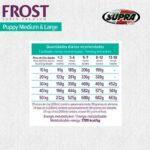 Tabla de alimentación Frost Puppy Medium & Large con cantidades diarias recomendadas para cachorros según peso adulto y edad en meses.
