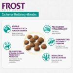 Gráfica de beneficios del alimento Frost Cachorros Medianos y Grandes, con croquetas al centro e íconos sobre función cognitiva, salud intestinal, piel y pelaje, articulaciones y reducción del olor de las heces.
