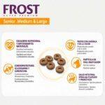 Beneficios Frost Senior Medium & Large | Alimento para Perros Adultos Mayores Gráfica de beneficios de Frost Senior Medium & Large para perros adultos mayores, con croquetas al centro e íconos de equilibrio nutricional, articulaciones, corazón, visión, fácil masticación y salud intestinal.