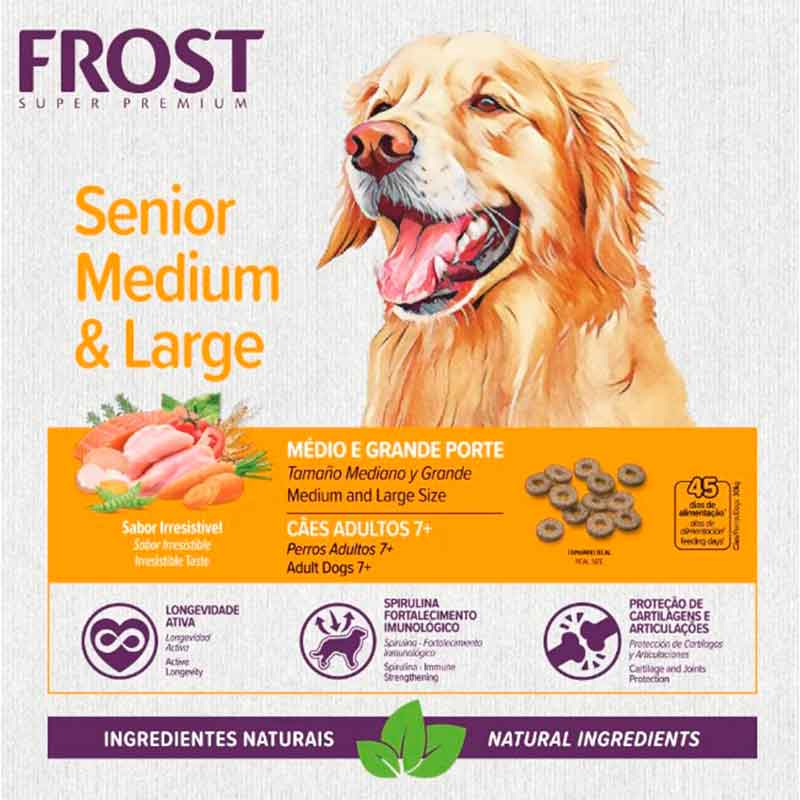 Frost Senior Medium & Large para Perros Senior | Nutrición Natural y Balanceada Imagen promocional de Frost Senior Medium & Large para perros adultos mayores de razas medianas y grandes, con perro senior, ingredientes naturales, croquetas y beneficios nutricionales.