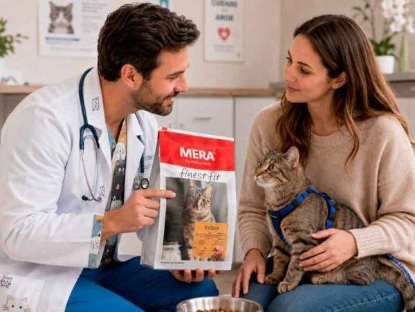 Veterinario recomendando alimento para gatos a una tutora con su gata en consulta