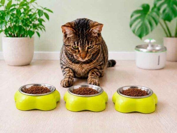 Gato observando distintas opciones de comida para gatos