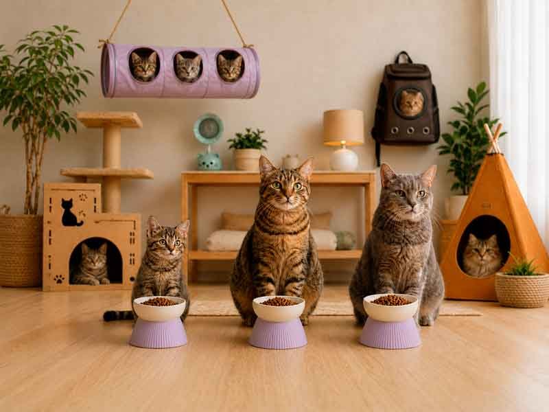 Gatito, gato adulto y gato senior representando distintas etapas de alimentación felina