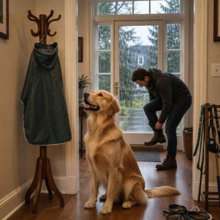 Perro con impermeable bajo la lluvia