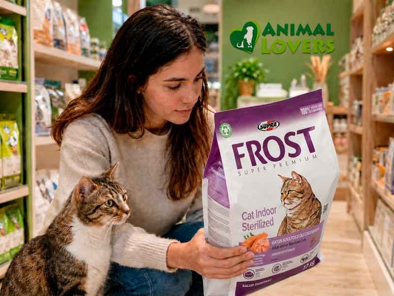 Persona revisando la etiqueta de alimento para gatos junto a un gato en tienda Animal Lovers