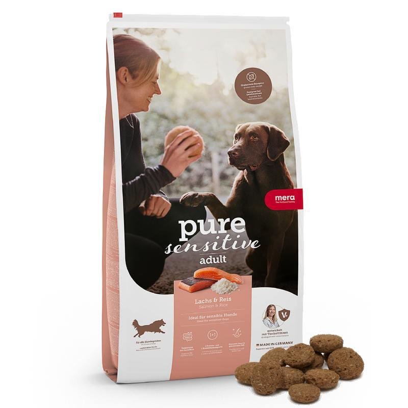 Alimento MERA Pure Sensitive Adult Salmón y Arroz para perros adultos, vista frontal del envase.